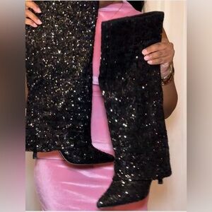 Black Shiny Sequin Boots